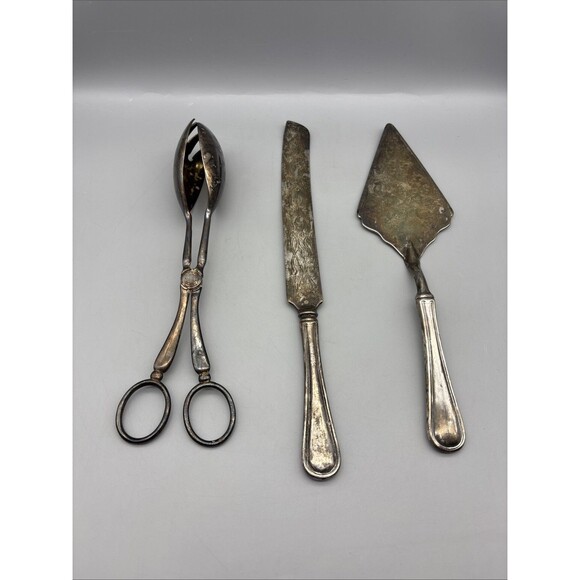 Princess House Silver Plated Serving Set Cake Server & Knife & Salad Tongs Italy - Picture 1 of 11